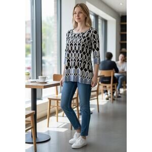 JM Collection Blouse Top 3/4 Sleeves Blue Black Geometric Print Size Medium